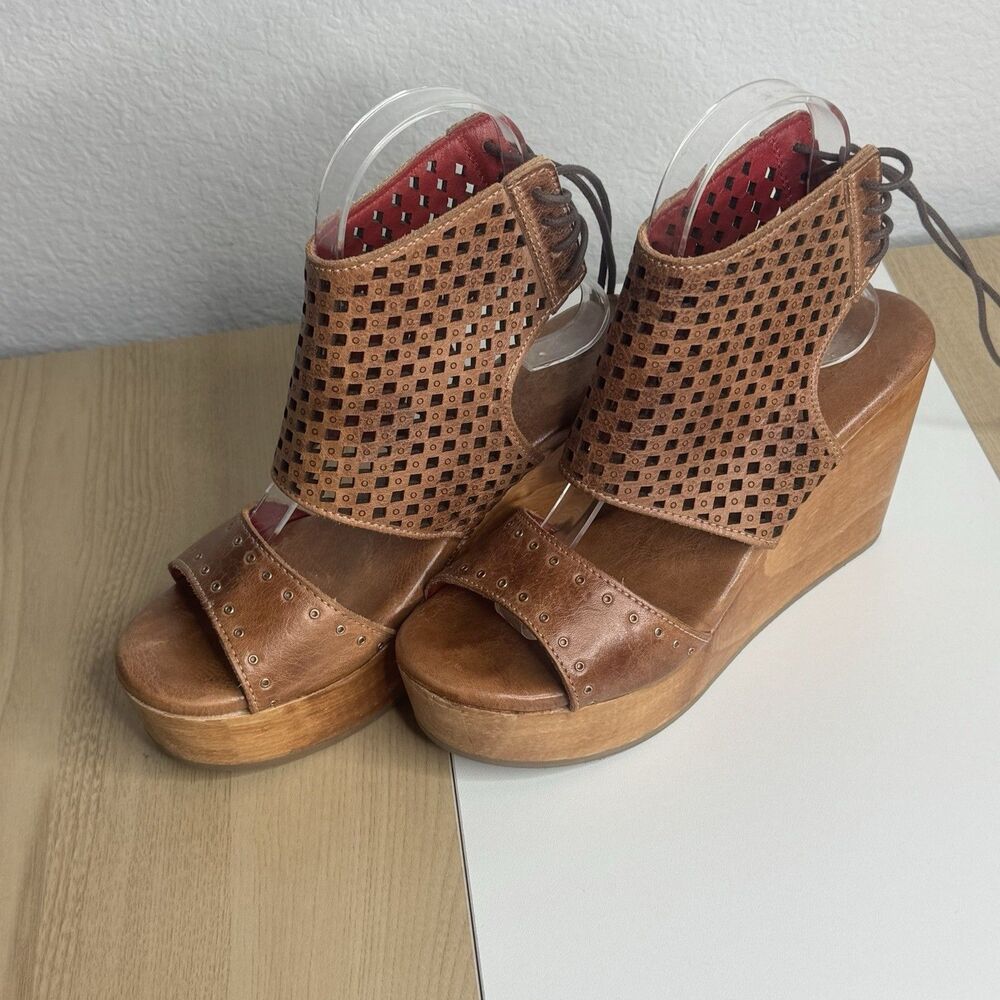 Bed Stu Leather Sandals Brown Distressed Platform Wood Wedge Boho 7 Lace Back